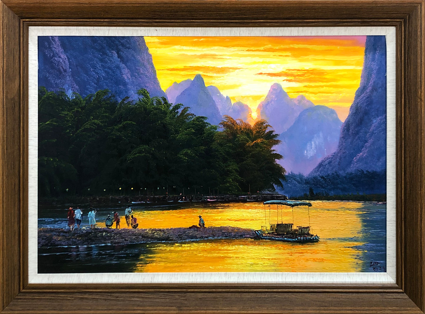 Rising Sun River Mountain Oil Painting by Baek Eun Chul | Original Impressionist Landscape Art 8242
