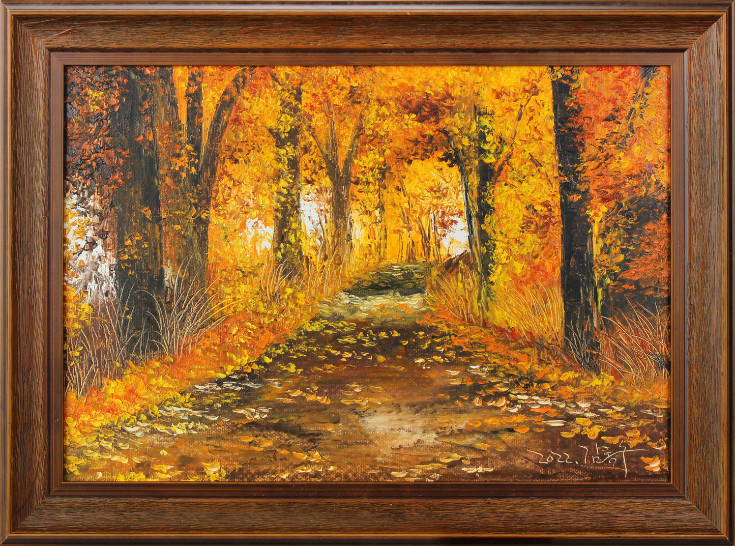 Original Oil Painting "Autumn Woods" by Kim Jong Su – Collectible Hand-Painted Impressionist Forest Path Landscape Art 9518