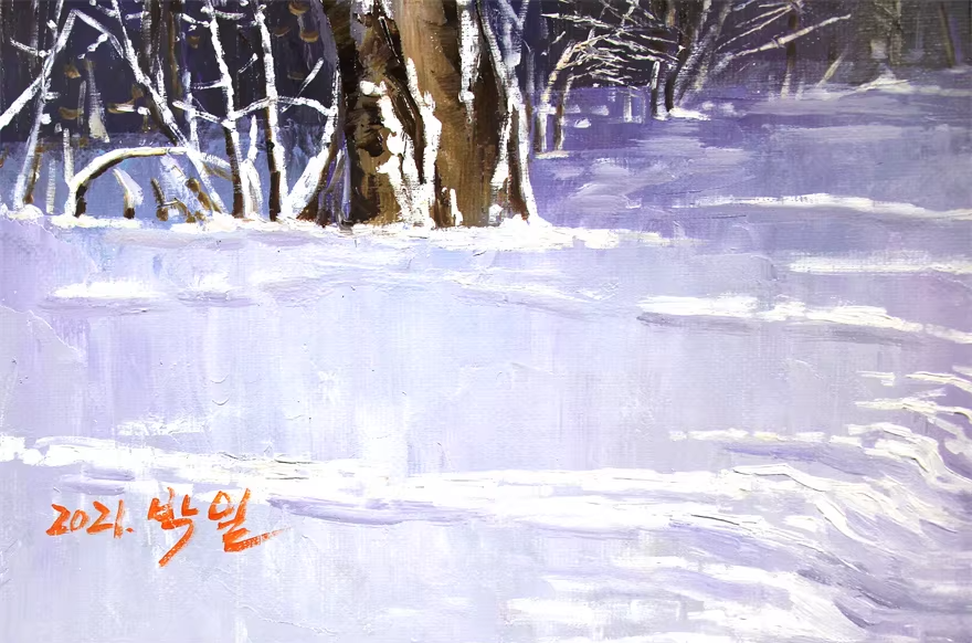 Original Oil Painting "Snowy Birch Grove in Winter" by DPRK First-Class Painter Park Il – Collectible Hand-Painted Winter Landscape Art 7611