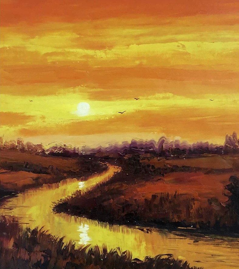 "Crimson Splendor" – Original Expressionist Sunset & River Oil Painting by Merited Artist Kim Young Chol 14913