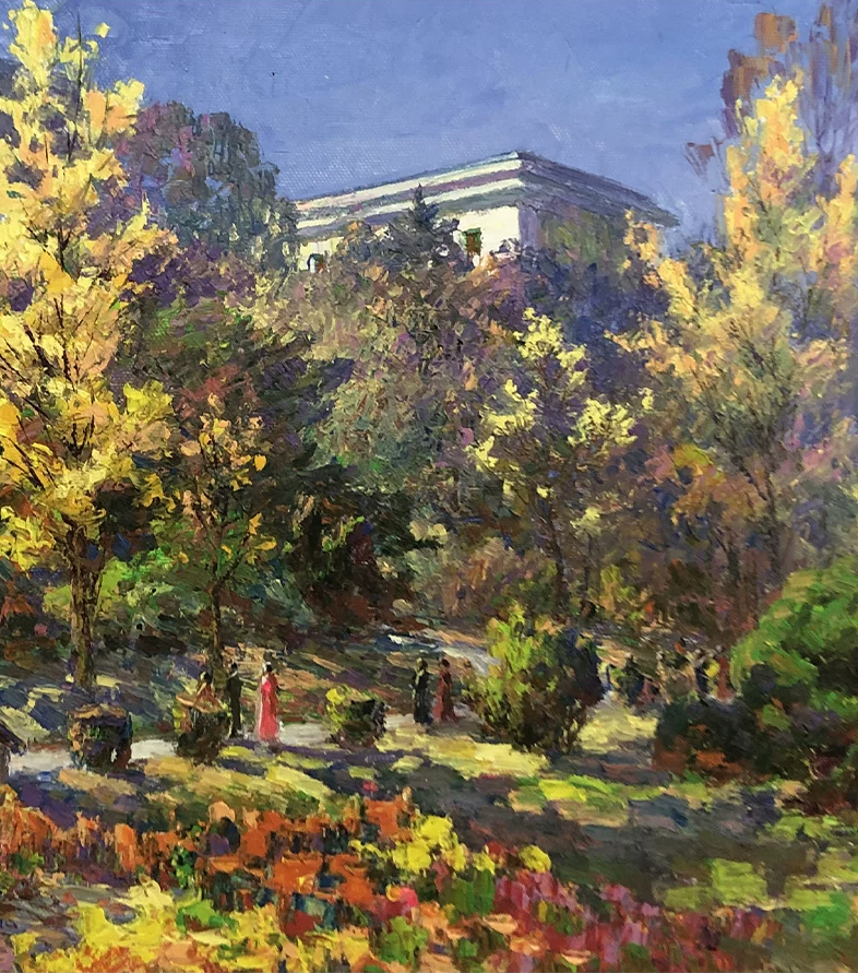 "Golden Park Solitude" – Original Impressionist Landscape Oil Painting by Master Artist Li Changfan 15556