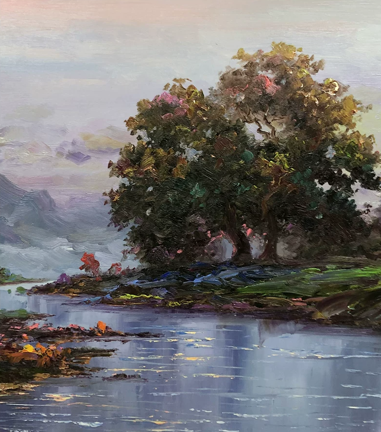 "Lakeside Reflections" – Original Impressionist Realism Oil Painting by Master Kim Chol Jun 15475