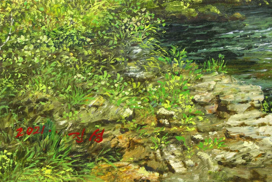 "Azure Peaks and Emerald Waters" – Original Majestic Waterfall Landscape Oil Painting by Master Choe Song 7713