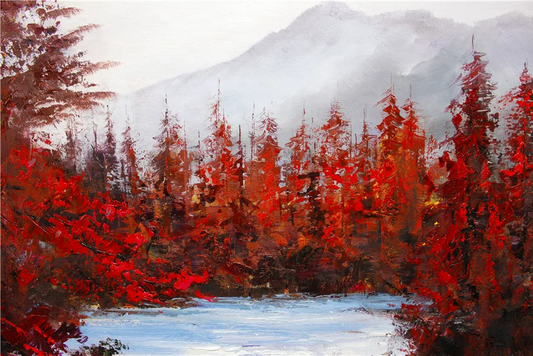 "Crimson Forest & Rushing Stream" – Original Impressionist Oil Painting by Master Artist Hong Chol 1840