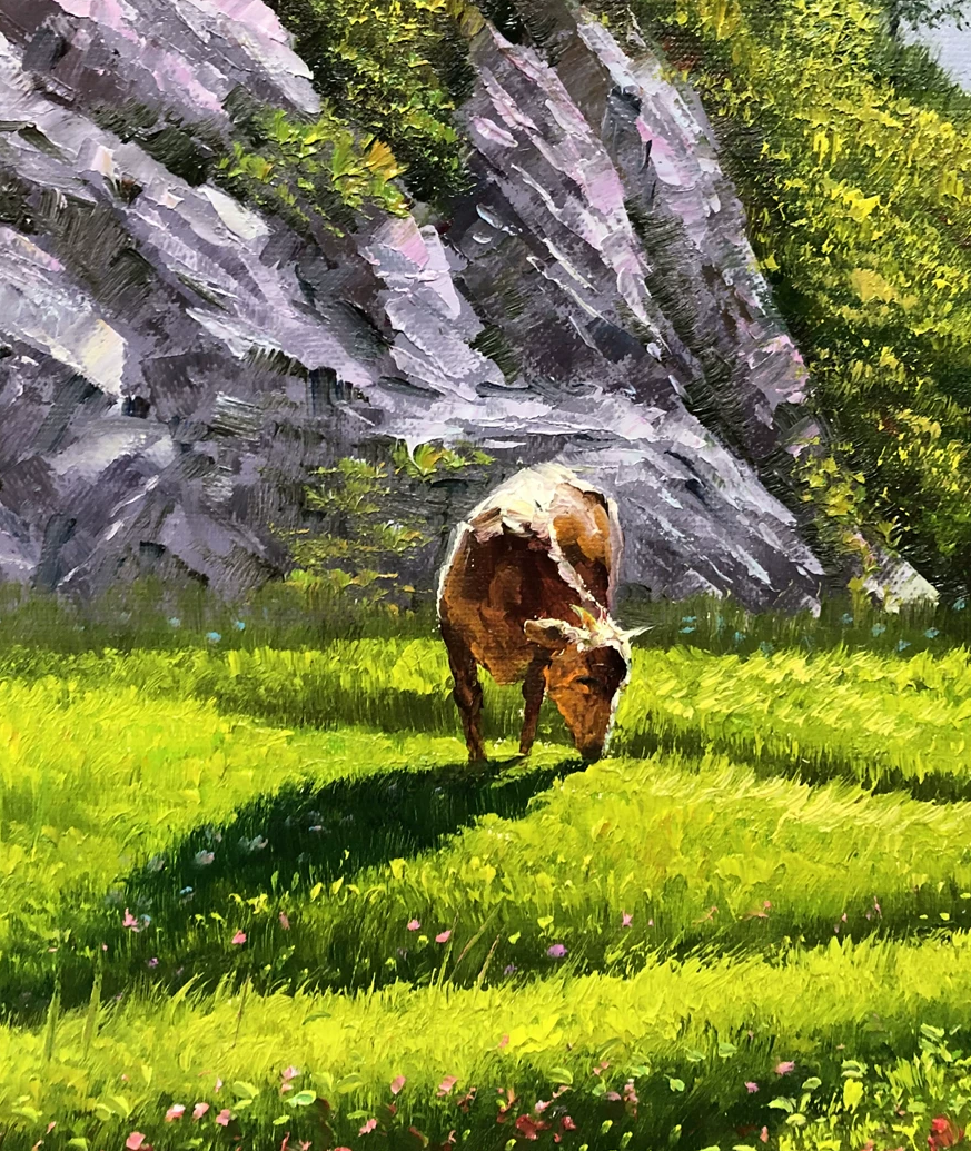 "Mountain Pasture Grace" – Original Realistic Oil Painting of Cattle Grazing by Master Artist Choe Myong Song 8873
