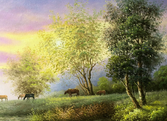 "Cattle by the Stream" - Original Landscape Oil Painting by Top-Tier North Korean Artist Zhe Nan (122×71cm) G2227