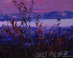 "The Purple Haze" (Auspicious Sunrise) - Original Luminous Landscape Oil Painting by Merited Artist Kim Yeong Cheol (2023) | 90x60cm Hand-Painted Pastel Lavender Sunset & Golden River Canvas 15258