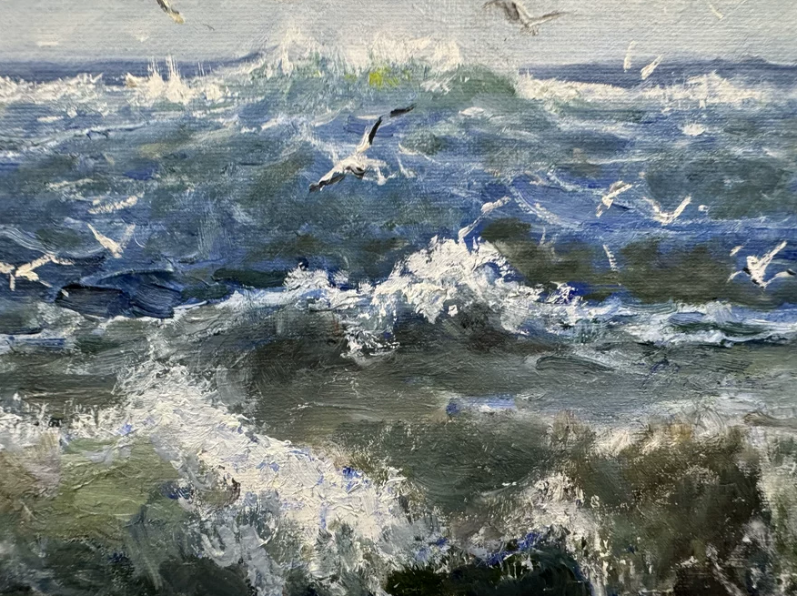 "The Surge of Infinite Abundance" - Original Heavy-Impasto Seascape Oil Painting by First-Class Artist Eom Eun Ji | 55x35cm Hand-Painted Powerful Ocean Waves & Seagulls Canvas (Pre-Stretched on Inner Frame) 19783