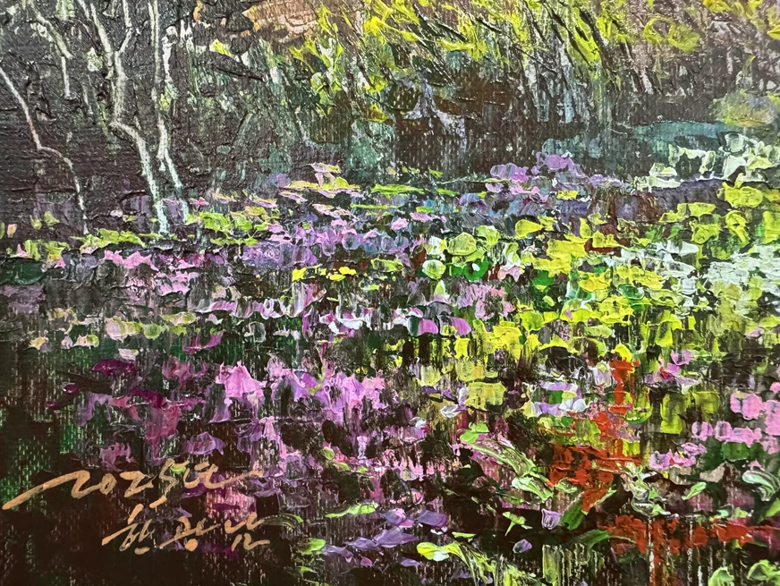 "The Chromatic Lakeshore" - Museum-Grade Original Impressionistic Palette Knife Mountain Landscape Oil Painting by First-Class Artist Han Guangnan | 70x47cm Hand-Painted Masterpiece 19134