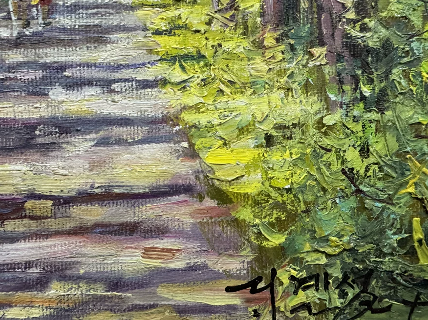 "The Path of Golden Legacy" - Masterpiece Original Vertical Landscape Oil Painting by Legendary "People's Artist" Lee Ji-sung | 53x37cm Hand-Painted Impressionistic Canopy with Strolling Mother & Child 19038