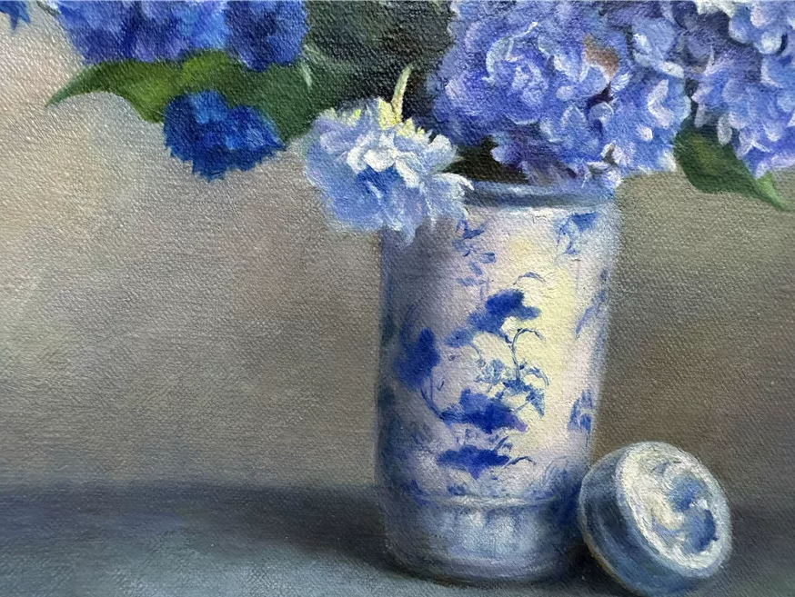 Original Hand-Painted Blue Floral Still Life Oil Painting by Chen Cheng | First-Class North Korean Artist 19810