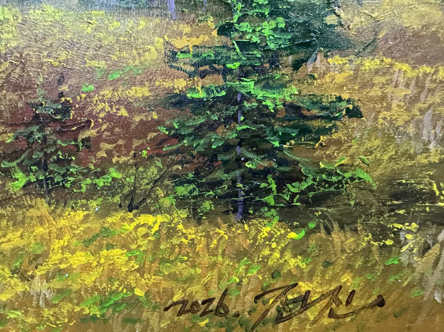 Golden Mountain Sunset Landscape Oil Painting by Quan Jin 20015