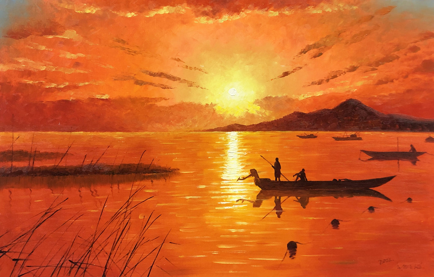 "Smooth Sailing" – Original Majestic Sunrise & Sailboat Oil Painting by Master Artist Choe Myong Song 10092