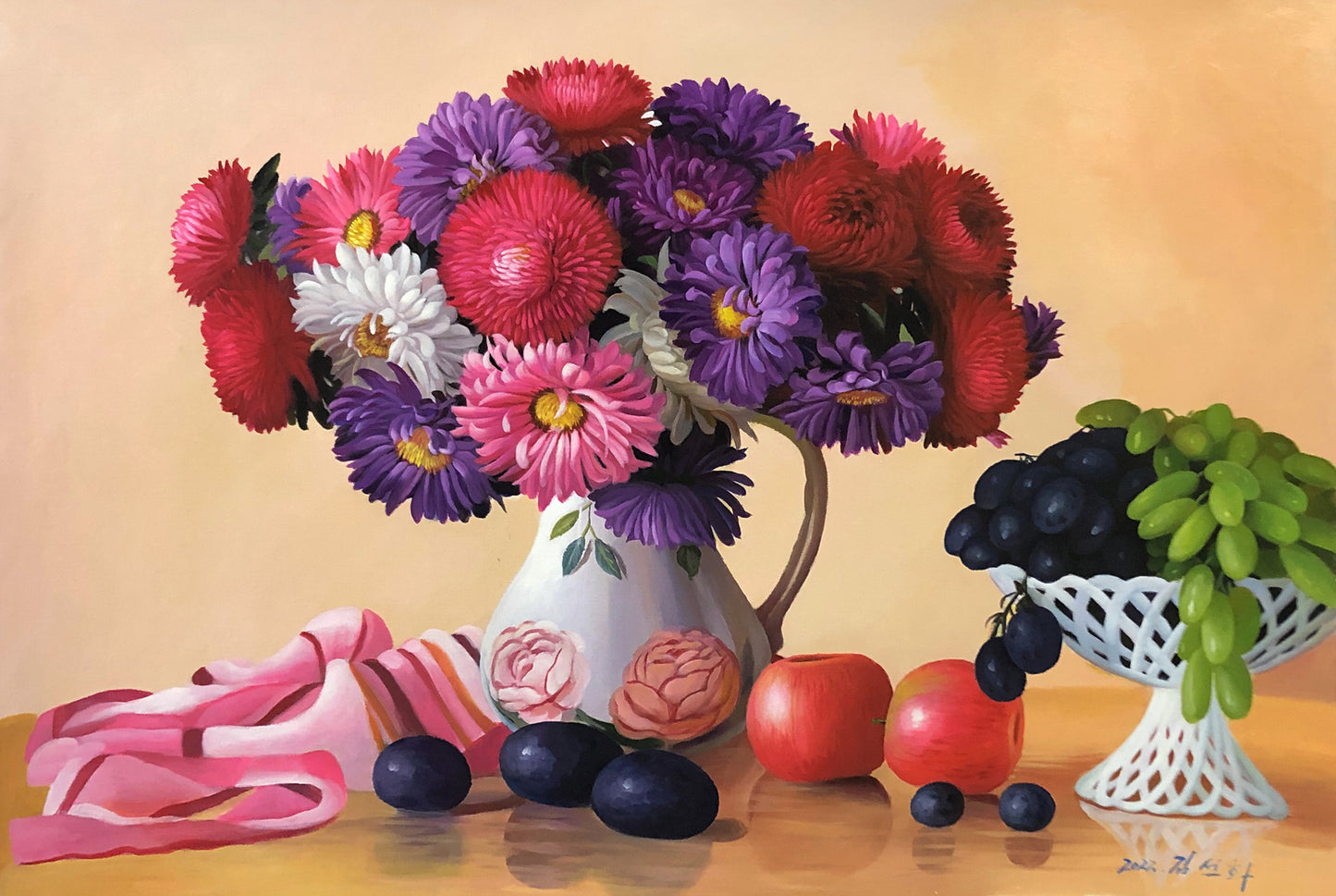 Original Oil Painting – Aster Fruit Still Life | Hand-Painted Realist Floral Art by Kim Sun Hwa 10116