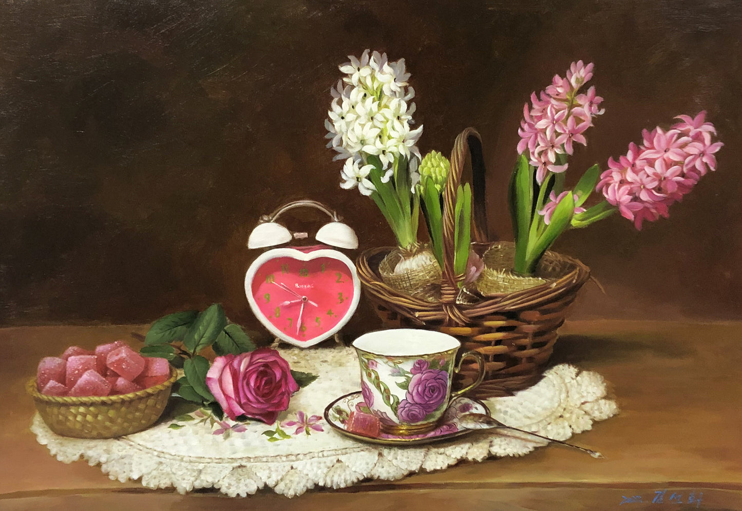 Original Oil Painting "Elegant Afternoon Tea" by Kim Son Hwa (Grade 1 Artist) | 90x60cm Romantic Floral Still Life 10118