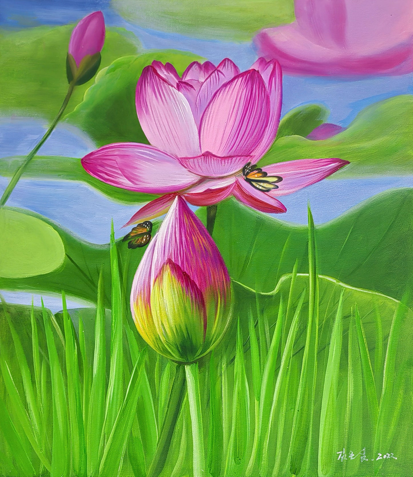 Original Oil Painting – Lotus & Butterflies | Hand‑Painted Floral Still Life Art by Kim Un‑Sim 10140