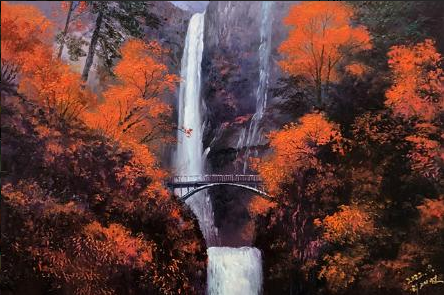 Original Oil Painting – Maple Valley Waterfall | Hand‑Painted Impressionist Autumn Landscape Art by Li Jixie 10187