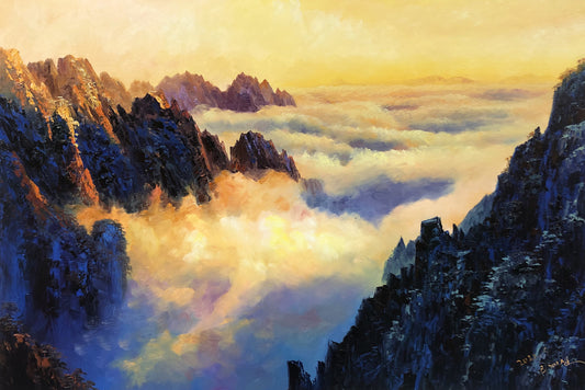 Original Oil Painting "Sea of Clouds" by Meritorious Painter Ri Jae Byol – Collectible Hand-Painted Impressionist Mountain Landscape Art  10204