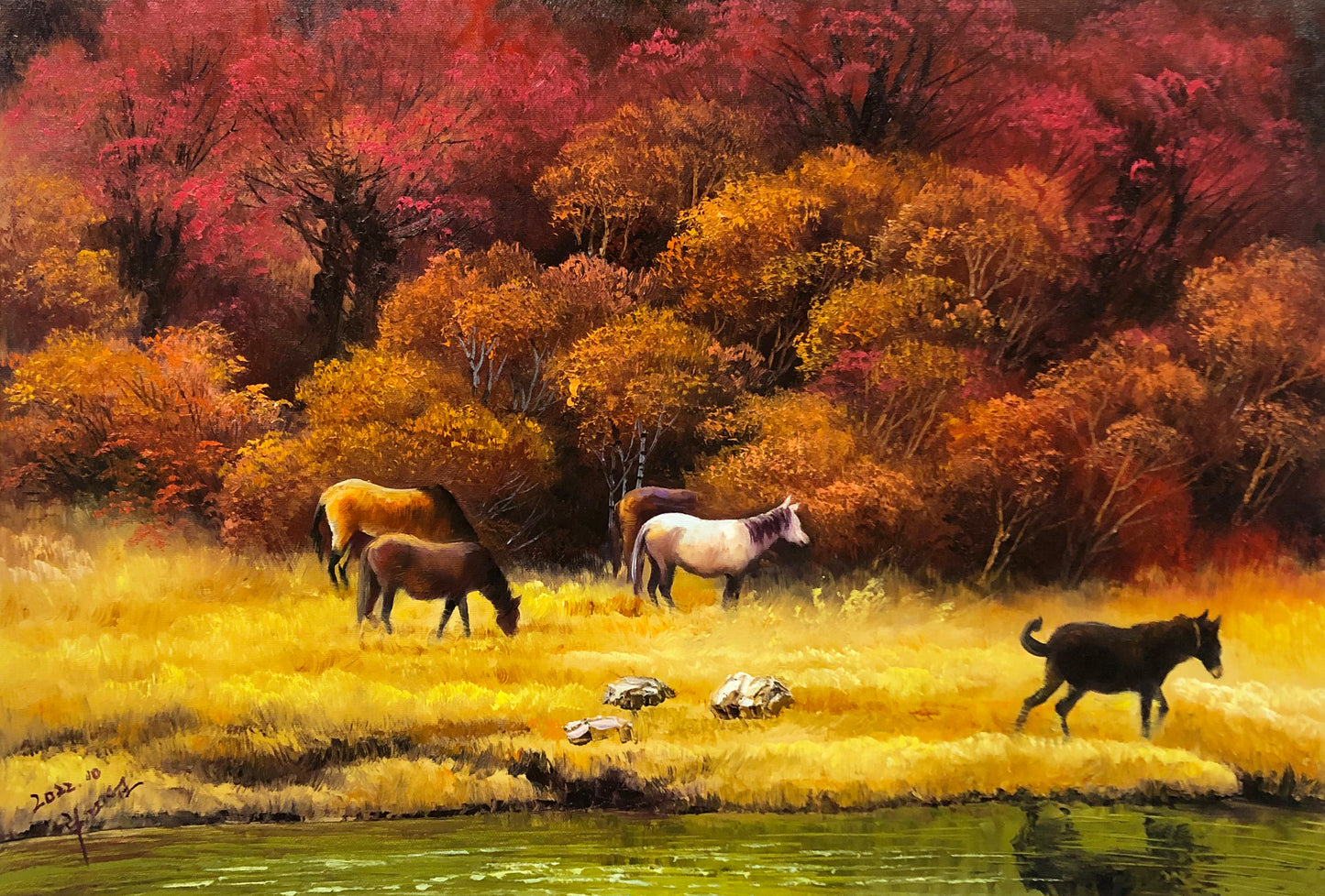 Original Oil Painting "Galloping in the Golden Woods" by Ri Gye Seop (Merited Artist) | 90x60cm Large Scale Equine & Autumn Landscape Masterpiece 10211