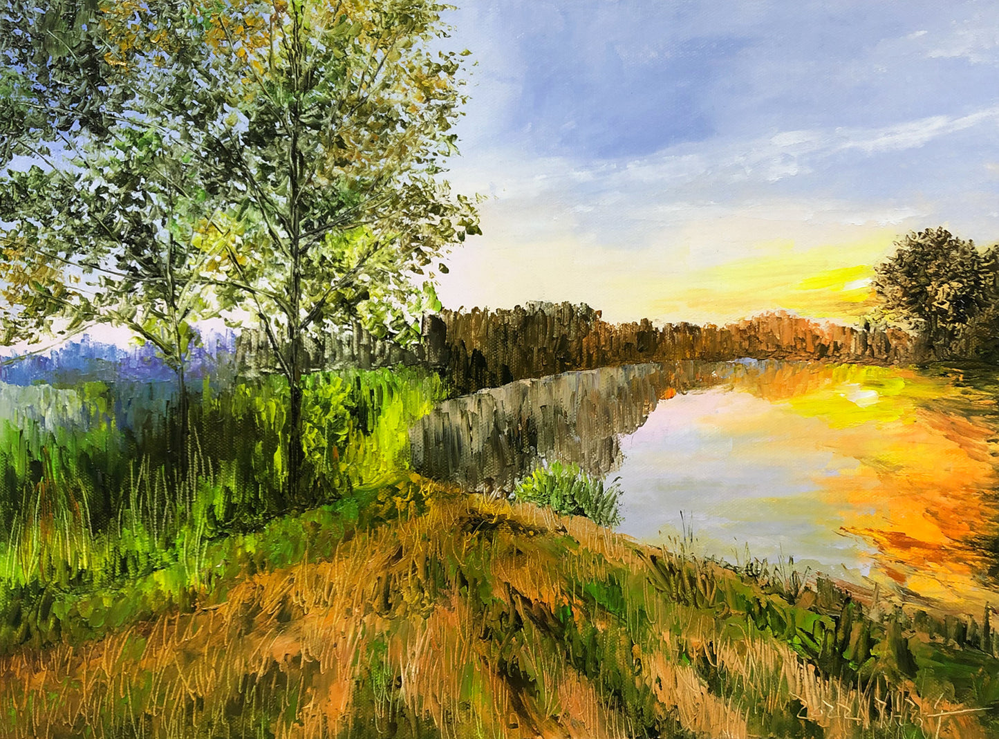Original Oil Painting "By the Lake" by Kim Jong Su – Collectible Hand-Painted Impressionist Sunset Lake Landscape Art 10267