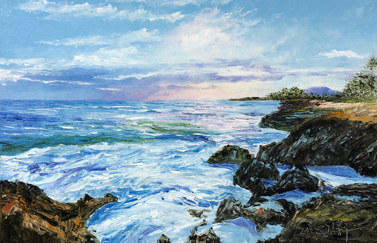 Original Oil Painting "Seaside" by Kim Jong Su – Collectible Hand-Painted Impressionist Rocky Coast Landscape Art  10268