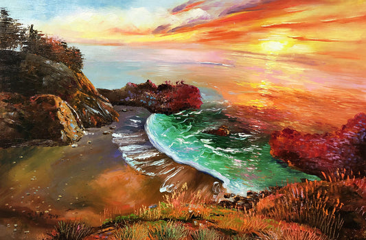"Glorious Sunrise Over Emerald Waves" - Original Radiant Seascape Oil Painting by First-Class Artist Jin Enxin | 53x37cm Hand-Painted Textured Fine Art Canvas (The Rising Sun) 10309