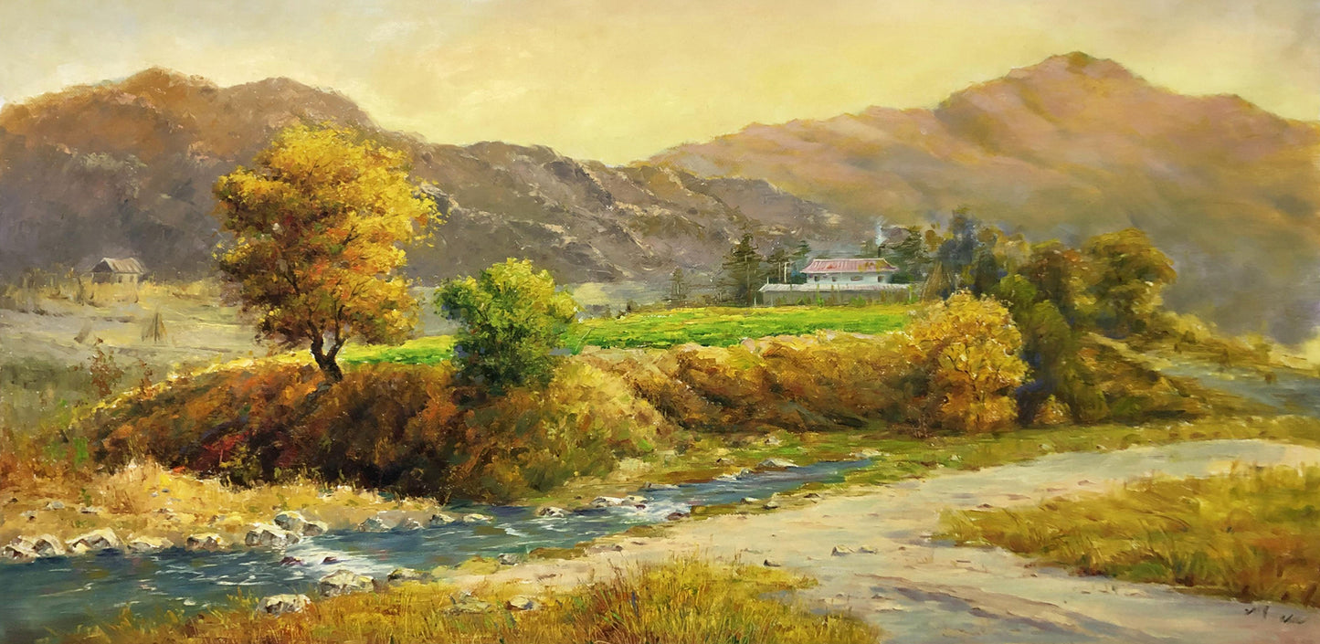 "Golden Pastoral Symphony" - Original Grand-Scale Landscape Oil Painting by First-Class Artist Zheng Min | 157x80cm Museum-Quality Mountain & Village Masterpiece Canvas 10332