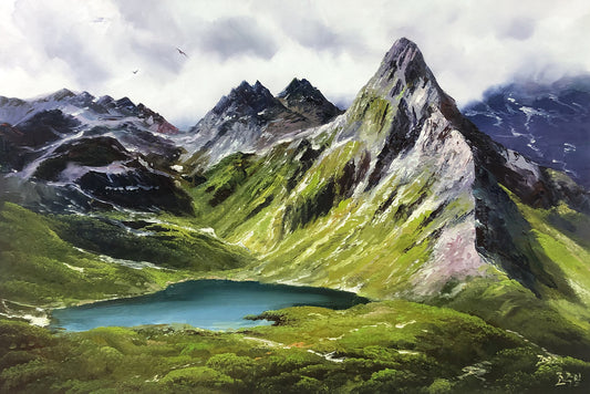 "Majestic Peaks & Heavenly Lake" - Original Alpine Landscape Oil Painting by First-Class Artist Zhao Zhuri | 90x60cm Hand-Painted Fine Art Canvas (The Wealth Basin) 10347