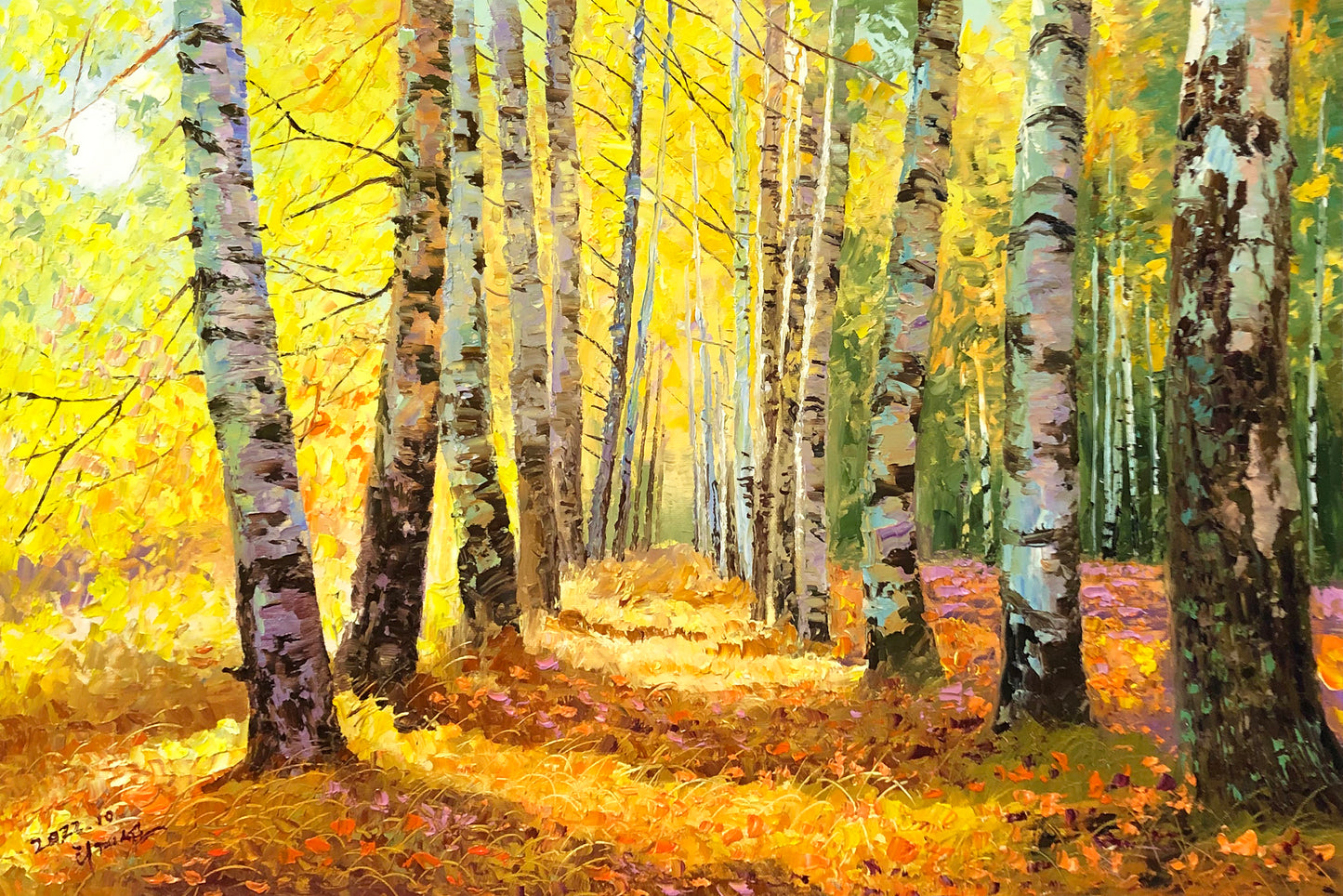 "The Golden Birch Symphony" - Original Autumn Landscape Oil Painting by Merited Artist Li Jixie | 90x60cm Hand-Painted Realist Masterpiece Canvas 10410
