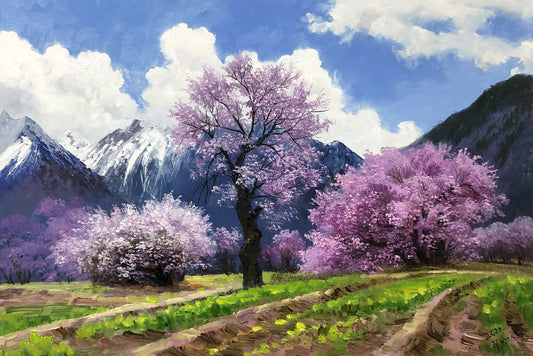 Original Oil Painting "Cherry Blossom Trees" by Meritorious Painter Ri Jae Byol – Collectible Hand-Painted Impressionist Spring Mountain Landscape Art  10415
