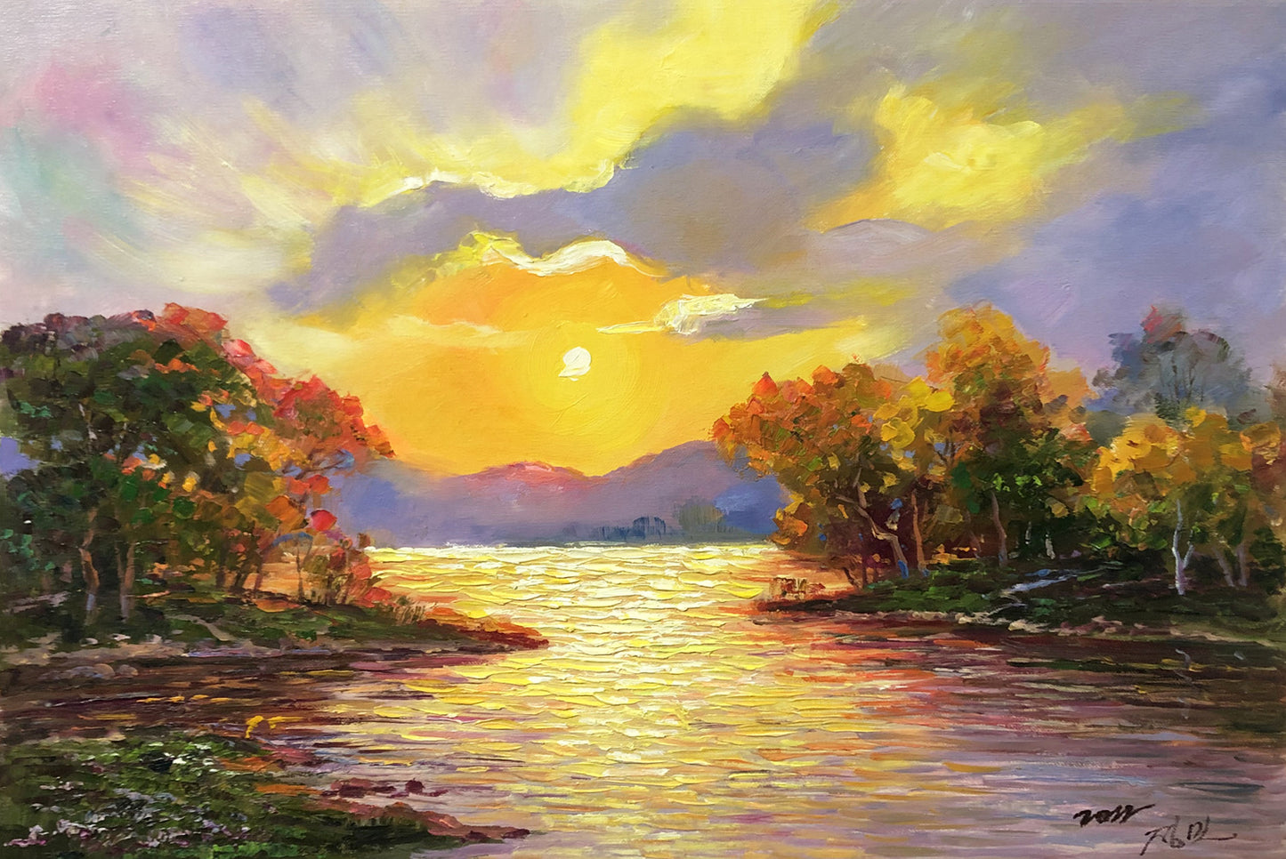 Warm Sun Sunset Lake Oil Painting by Jeong Min | Original Impressionist Landscape Art 10416