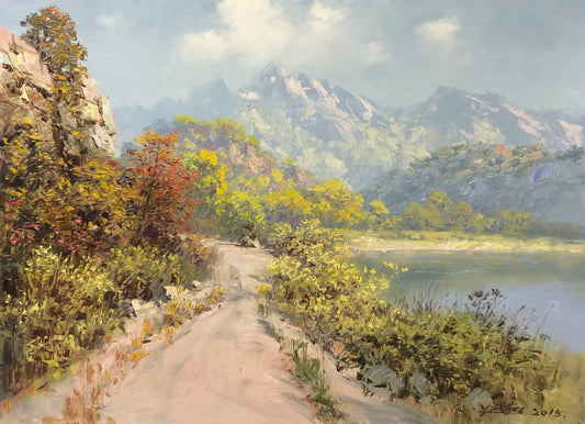 "The Path to Luminous Peaks" - Original Autumn Mountain Landscape Oil Painting by Merited Artist Jiang Zheying (2015) | 68x48cm Hand-Painted Fine Art Masterpiece Canvas 10423