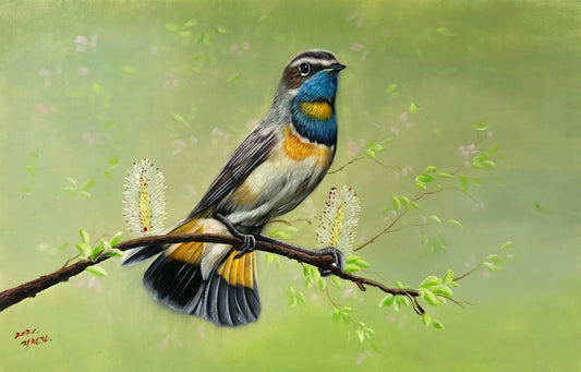 Bluethroat Bird Oil Painting by Ji Cheol Lim | Original Hyperrealist Wildlife Art 10444