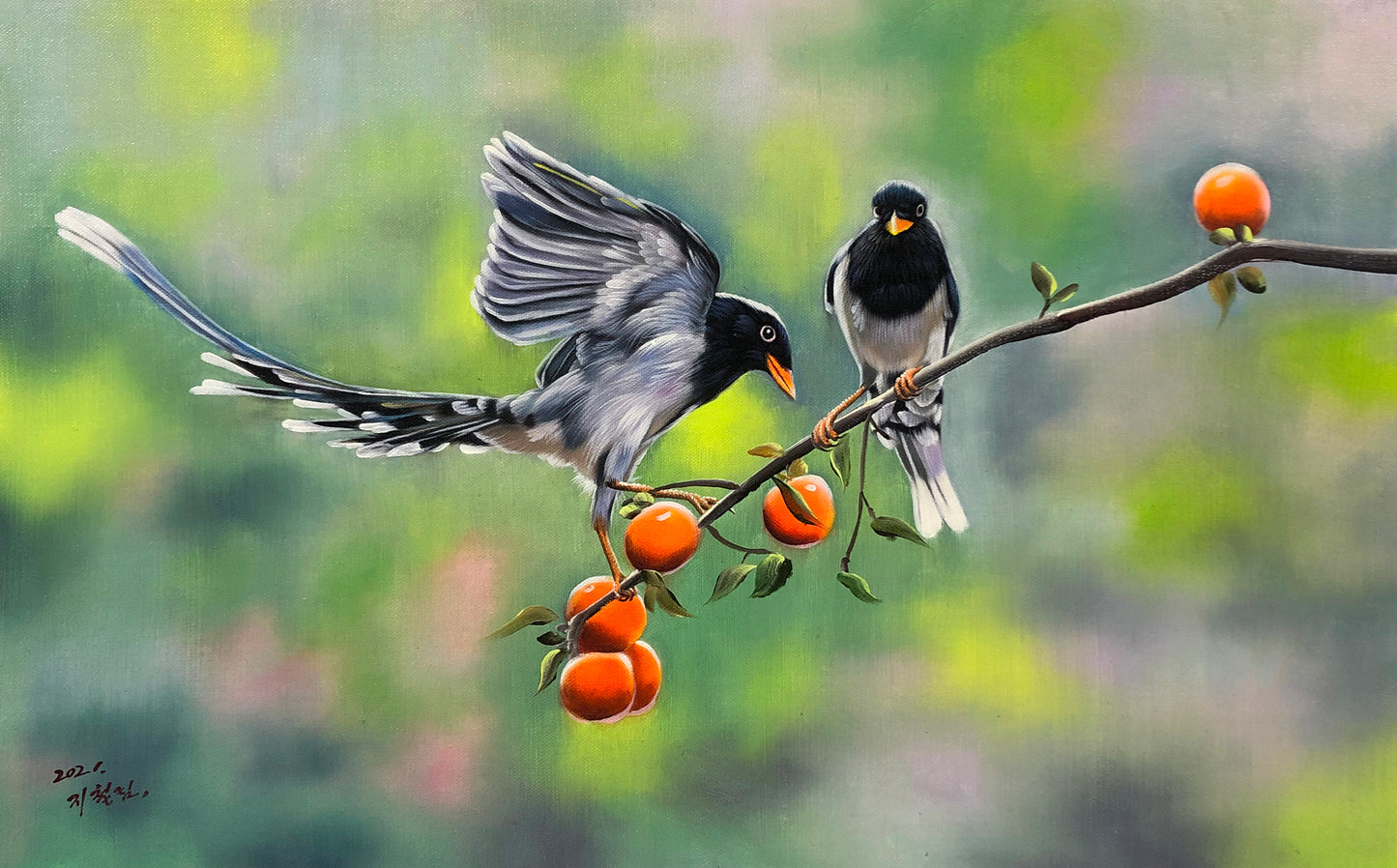 "Double Blessings & Golden Harvest" - Original Magpies and Persimmons Oil Painting by First-Class Artist Chi Zhelin (2021) | 72x46cm Hand-Painted Fine Art Masterpiece 10449