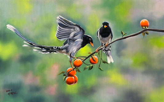 "Double Blessings & Golden Harvest" - Original Magpies and Persimmons Oil Painting by First-Class Artist Chi Zhelin (2021) | 72x46cm Hand-Painted Fine Art Masterpiece 10449