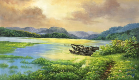 Small Wooden Boats Lake Oil Painting by In Young | Original Impressionist Wetland Landscape Art 10490