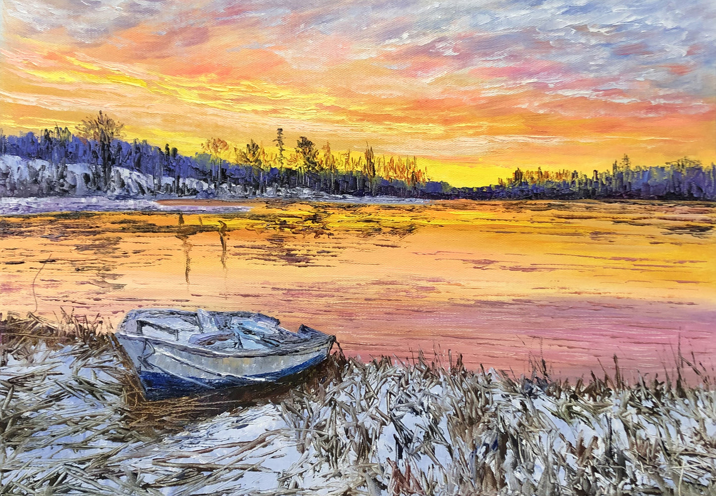 "The Crimson Sunset & Lone Anchor" - Original Winter Landscape Oil Painting by First-Class Artist Kim Jong Su | 53x47cm Hand-Painted Fine Art Masterpiece Canvas 10526