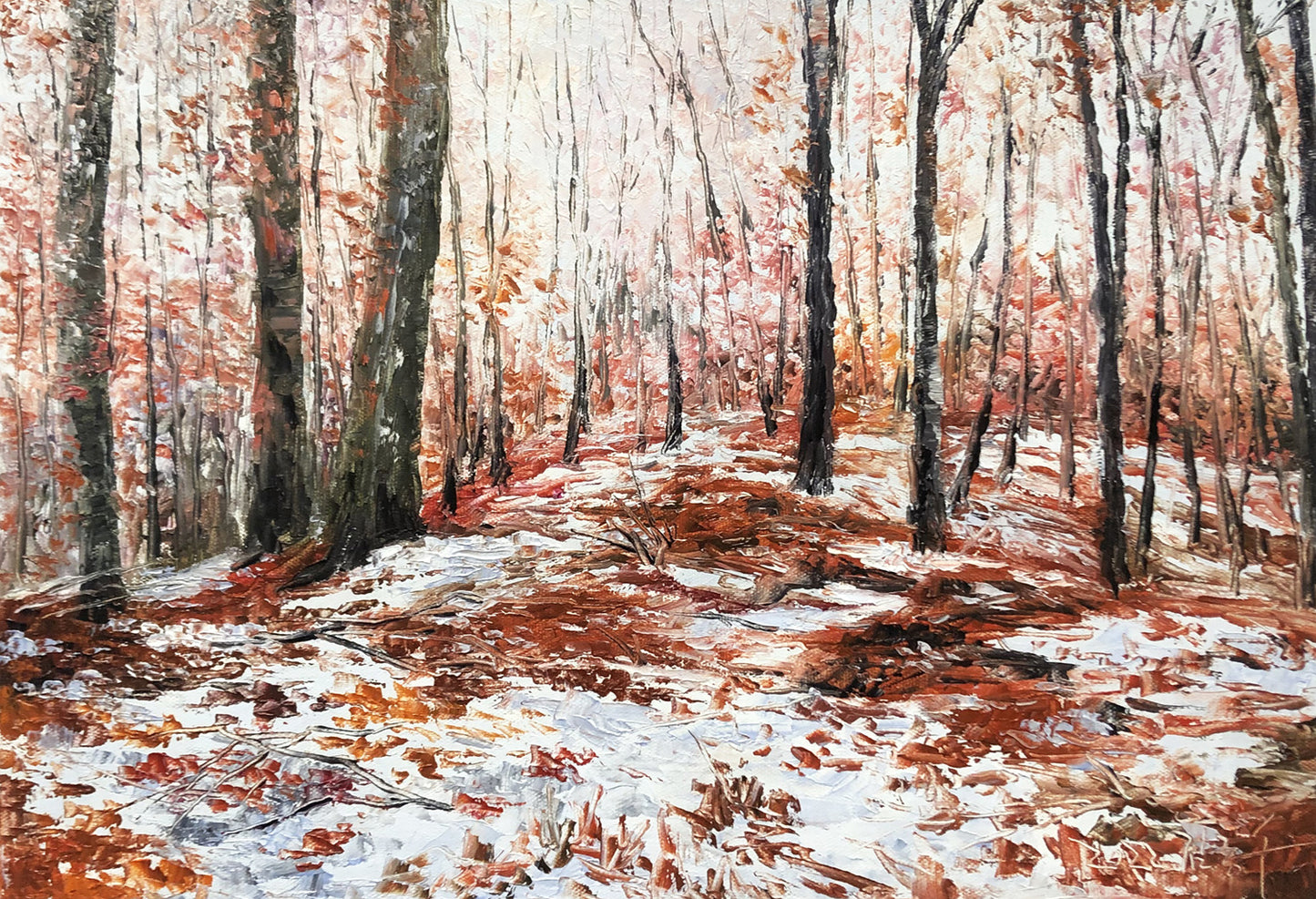 "The Crimson Forest & Winter Snow" - Original Landscape Oil Painting by First-Class Artist Kim Jong Su | 53x37cm Hand-Painted Fine Art Canvas Masterpiece 10531