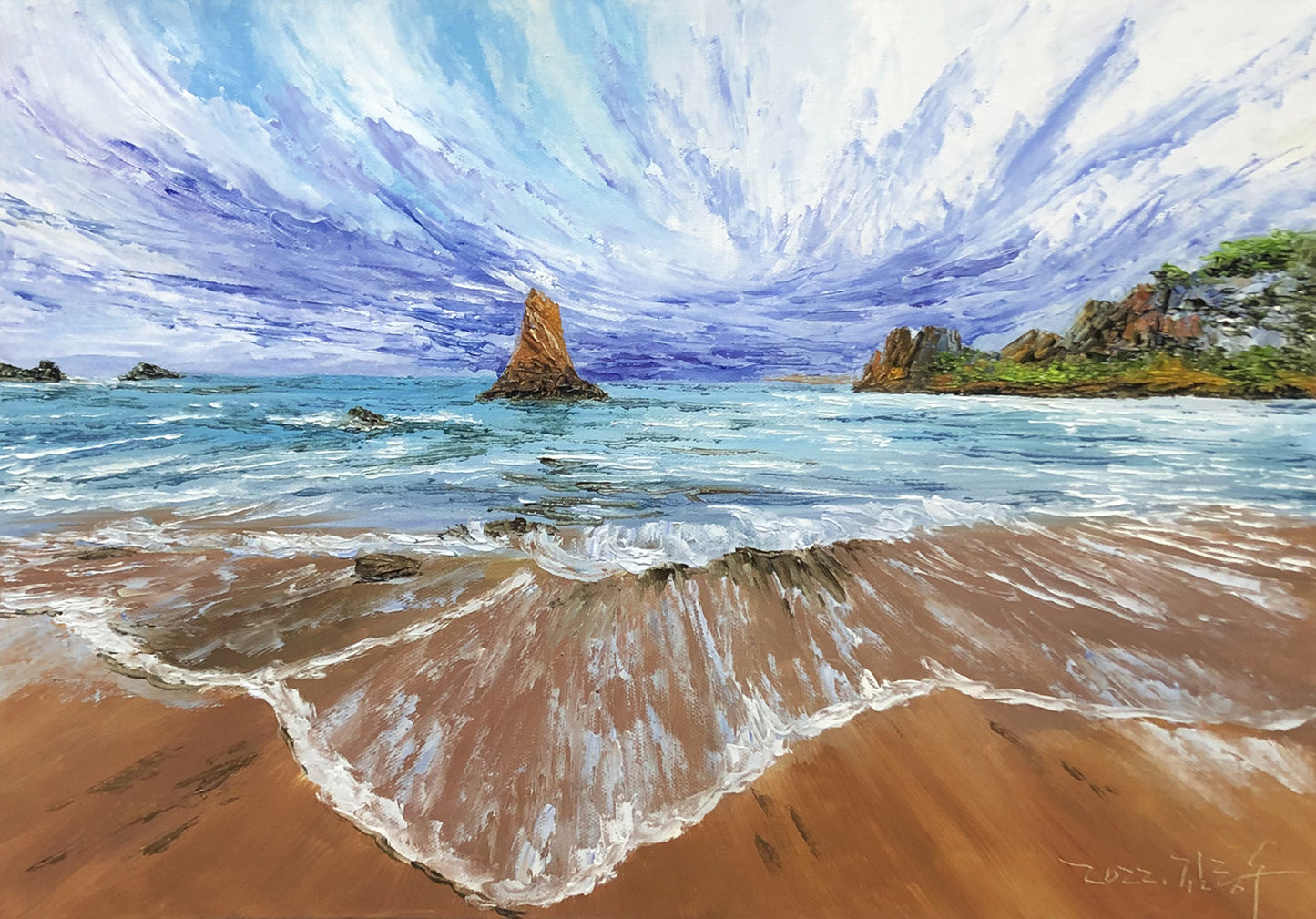 Original Oil Painting – Seaside | Hand‑Painted Impressionist Coastal Rock Landscape Art by Kim Jong Su 10561