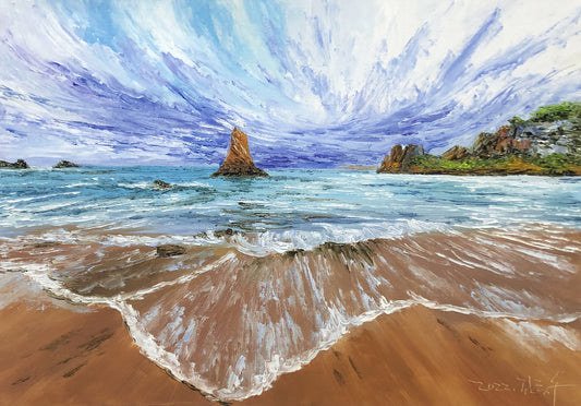 Original Oil Painting – Seaside | Hand‑Painted Impressionist Coastal Rock Landscape Art by Kim Jong Su 10561
