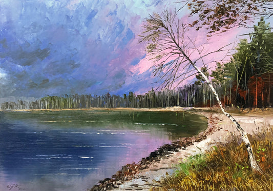 "Purple Aura from the East" - Original Lakefront Landscape Fine Art Oil Painting by First-Class Artist Lin Shengxi | 53x37cm Hand-Painted Premium Canvas Masterpiece 10582