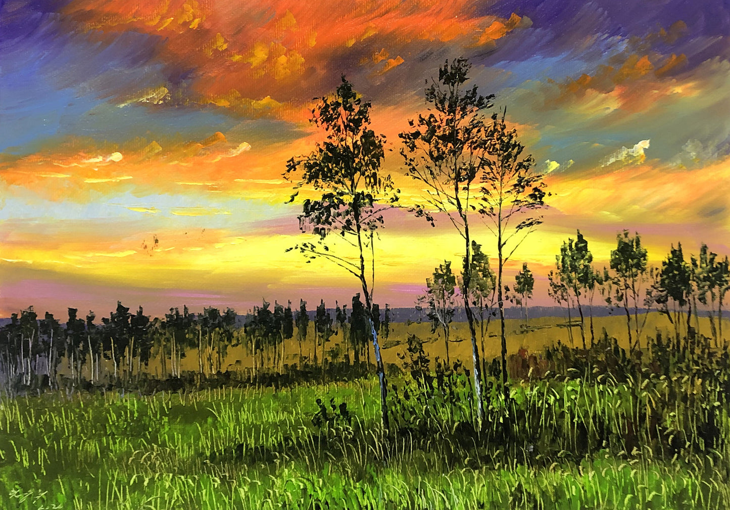 "The Splendid Tapestry of Dawn" - Original Sunset Clouds & Forest Fine Art Oil Painting by First-Class Artist Lin Shengxi | 53x37cm Hand-Painted Premium Canvas Masterpiece 10623