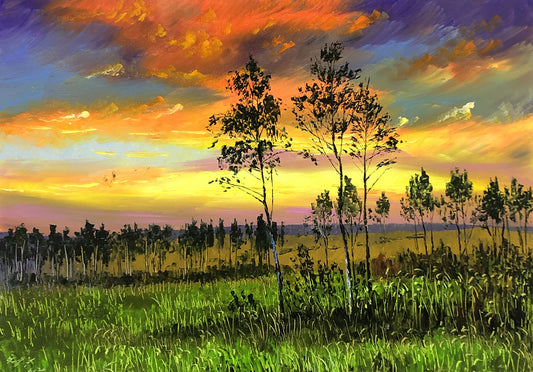 "The Splendid Tapestry of Dawn" - Original Sunset Clouds & Forest Fine Art Oil Painting by First-Class Artist Lin Shengxi | 53x37cm Hand-Painted Premium Canvas Masterpiece 10623