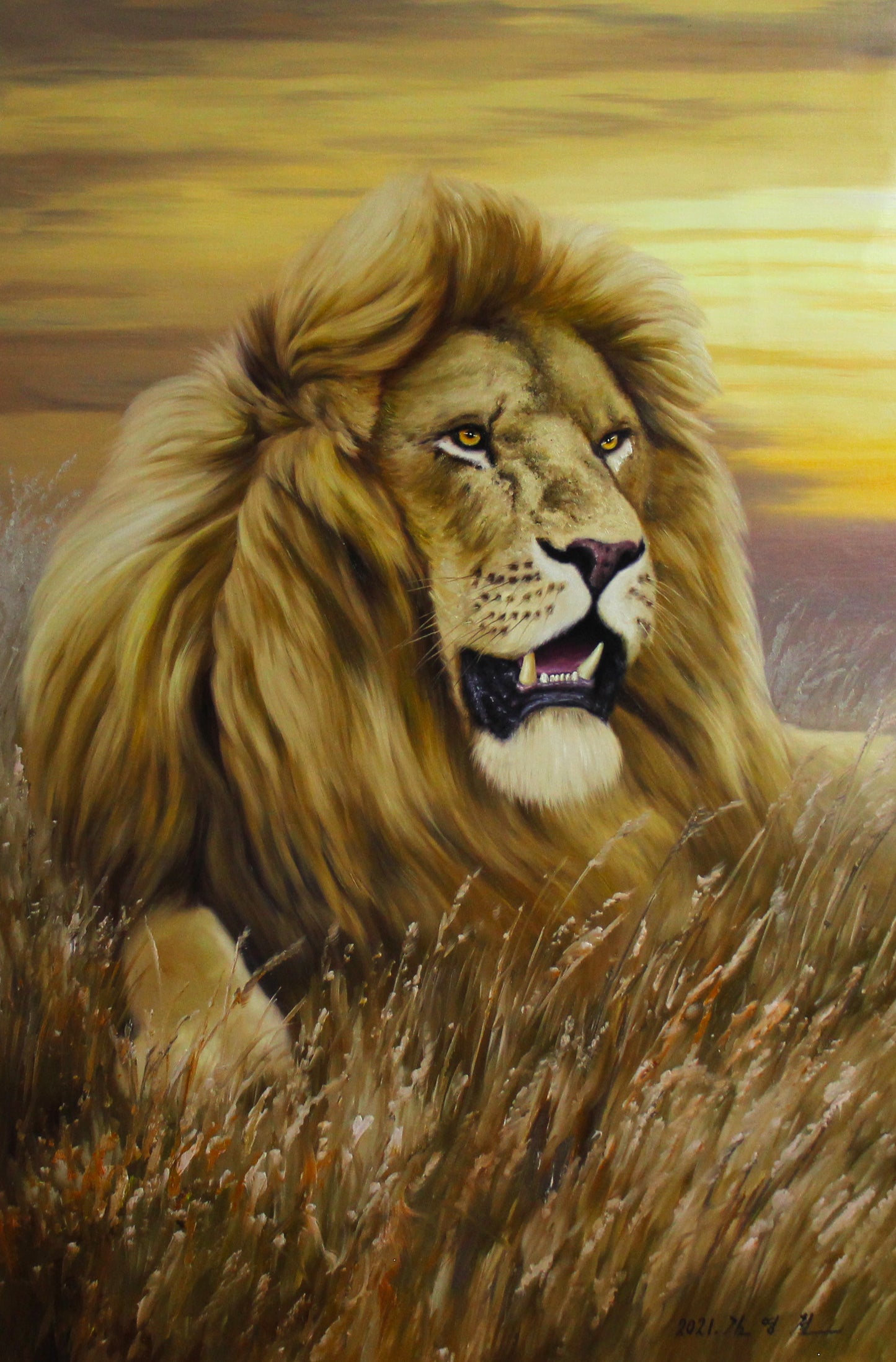 Original Oil Painting "Lion King" by Honored Artist Kim Yong Chol – One-of-a-Kind Hand-Painted Wildlife Art 1078