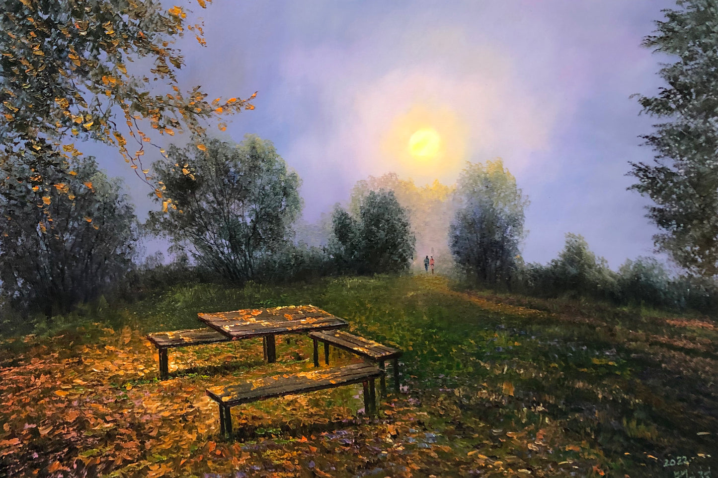 "The Misty Park Walk" - Original Impressionist Landscape Oil Painting by First-Class Artist Bai Enzhe | 90x60cm Hand-Painted Fine Art Canvas 10805