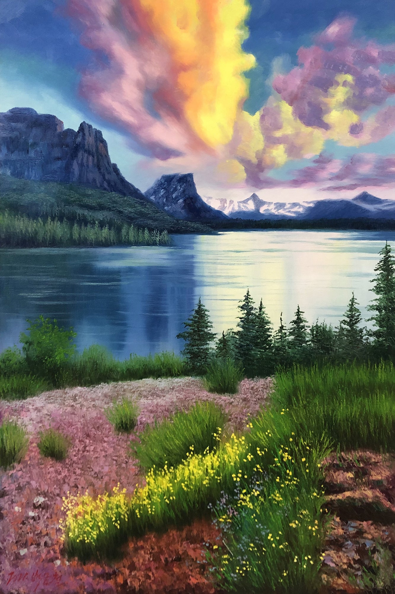 "Purple Aura from the East" - Monumental Landscape Original Oil Painting by First-Class Artist Baek Gim Cheol | 60x90cm Hand-Painted Fine Art Canvas Masterpiece 10850