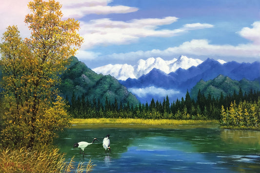 Original Oil Painting – Red-Crowned Cranes by the Lake | Hand-Painted Alpine Lake Landscape Art by Pak Kim Chol 10853