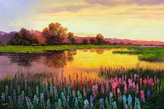"Lakeside Blossoms in Springtime" - Original Fine Landscape Oil Painting by First-Class Artist Cui Mingxing | 90x60cm Hand-Painted Masterpiece Canvas 10878