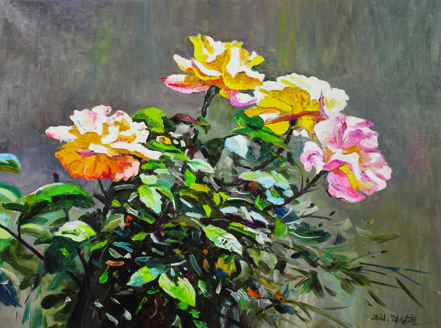 Original Oil Painting "Flowers" by DPRK First-Class Painter Li Sung Chol – Collectible Hand-Painted Floral Art 1095
