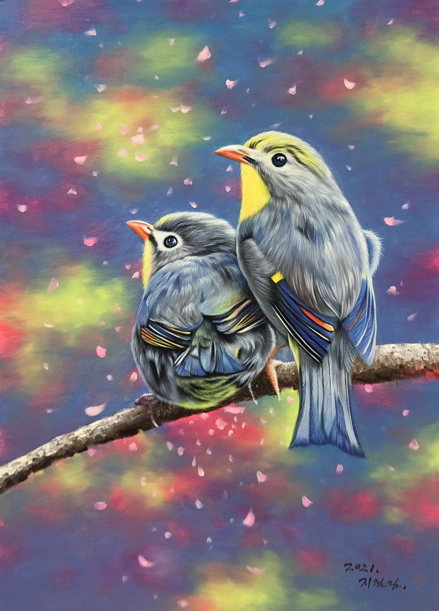 "Double Blessings on the Branch" - Original Hyper-Realistic Birds Fine Art Oil Painting by First-Class Artist Chi Zhe Lin | 50x72cm Hand-Painted Masterpiece Canvas 11057